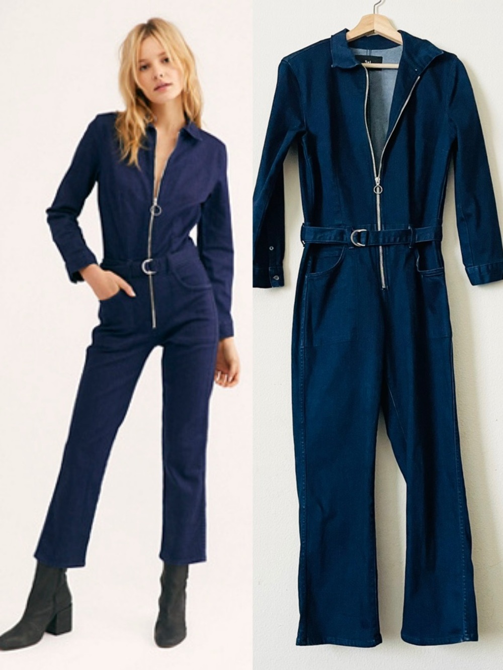3x1 New York LARGE Valen stretchy denim zip belted jumpsuit in dark wash